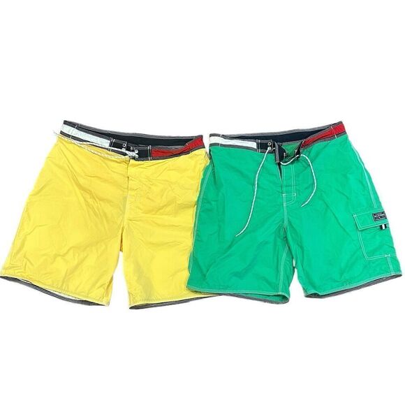 Lot 2 TOMMY HILFIGER mens Y2K yellow Green TOMMY FLAG Swim Trunks Shorts Large - Picture 1 of 12